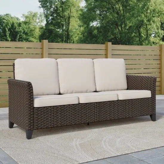 YARDSIGHT All-Weather Wicker 3-Seat Sofa: Curved Back, Washable Cushions &uml;C Perfect for Porch, Deck, and Small Garden Seating image {1}