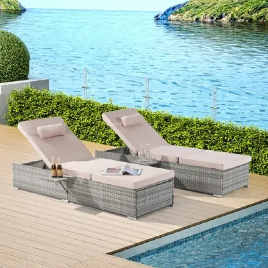 5 Level PE Rattan Outdoor Patio Chaise Lounge Set Of 2,Patio Chaise Lounge With Padded Cover Set And Side Table,Lounge Chair Outdoor -Maison Boucle image {15}