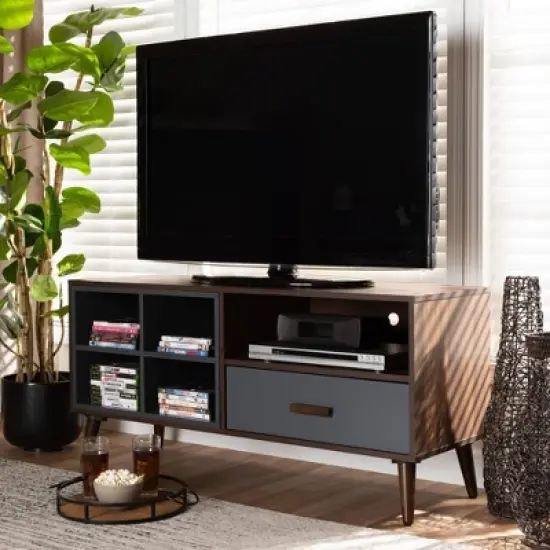 Garrick Two-Toned Wood 1 Drawer TV Stand for TVs up to 50" Gray/Walnut Brown - Baxton Studio image {7}