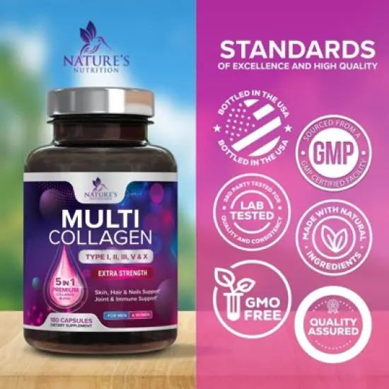 Multi Collagen Supplement, Type I, II, III, V, X Collagen Pills, Collagen Supplements, Hair, Skin, Nail & Joint - 180 Capsules By Nature's Nutrition image {3}