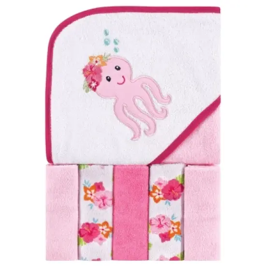 Luvable Friends Baby Girl Hooded Towel with Five Washcloths, Tropical Octopus, One Size image {1}