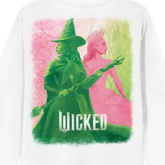 Wicked Part One Elphaba & Glinda Green & Pink Graphic Women's White Crew Neck Long Sleeve Sweatshirt image {3}