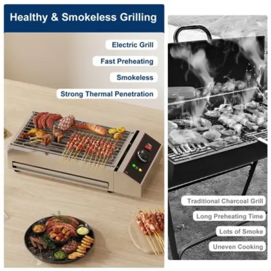 Electric Indoor Grill, 1800W Commercial Portable BBQ Grill Smokeless Countertop Grill with Removable Griddle, Stainless Steel, for Restaurant Home image {4}