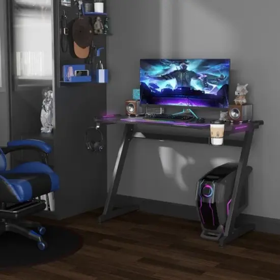 HOMCOM 47" Racing Style Gaming Desk, Z-Shaped Computer Table with LED Lights, Swivel Cup Holder, Headphone Hook and Cable Management Holes, Black image {2}