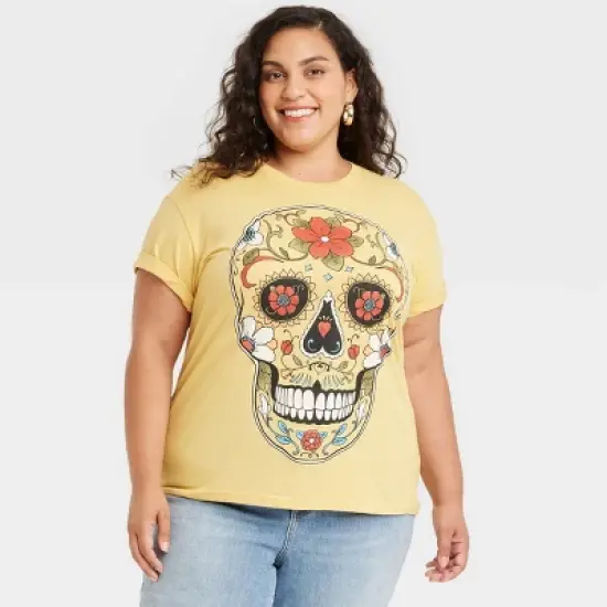 Women's D&iacute;a de Muertos Sugar Skull Short Sleeve Graphic T-Shirt - Yellow image {4}