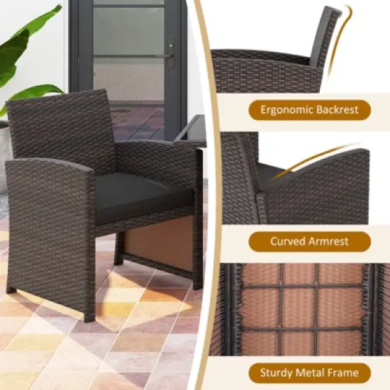 Costway 3 PCS Wicker Bistro Set Balcony Furniture Set with Tempered Glass Dining Table image {7}