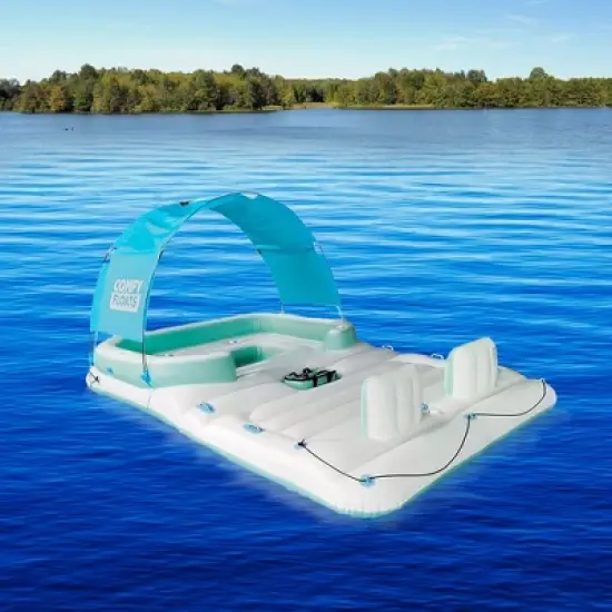 Comfy Floats 91464VM 13 Foot Misting Party Platform Inflatable Summer Float for Pool, Lake, River Fits 6 People, White/Aqua Blue image {4}