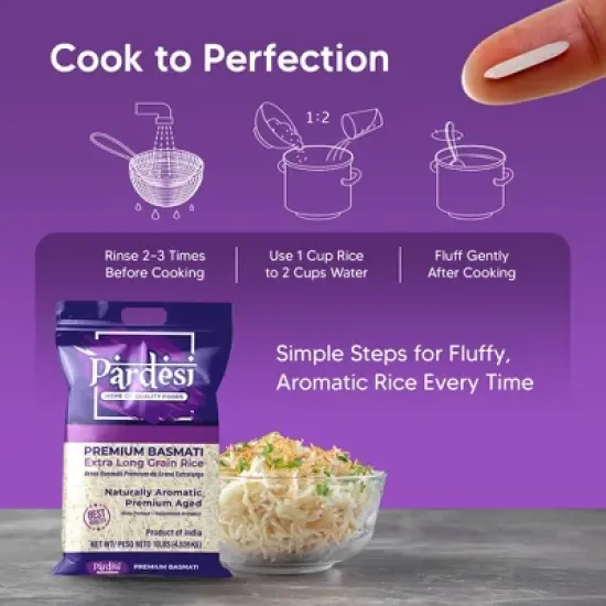Pardesi Basmati Rice 10LB, Extra Long Grain - Premium Quality, Aromatic Flavor, Soft Texture, Perfect Cooking Choice Perfect for all cuisines. image {5}