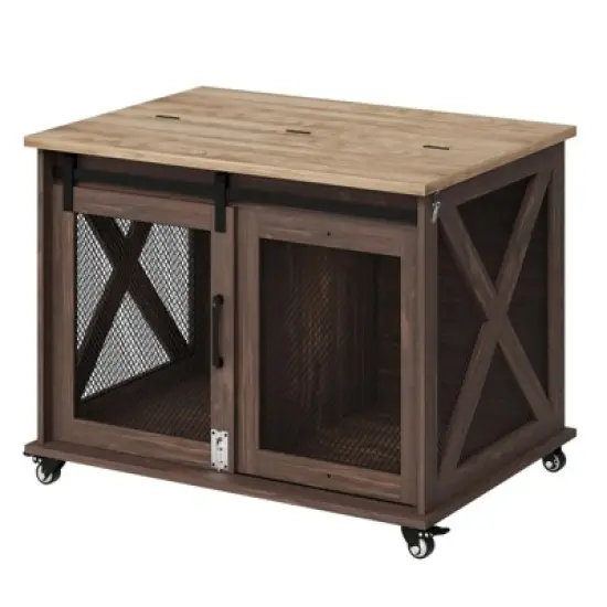 ODK 37" Dog Crate, Farmhouse Dog Crate Furniture with Sliding Barn Door, Flip Top Wooden Dog Kennel End Table, Indoor Dog Cage House for Medium Dogs image {8}