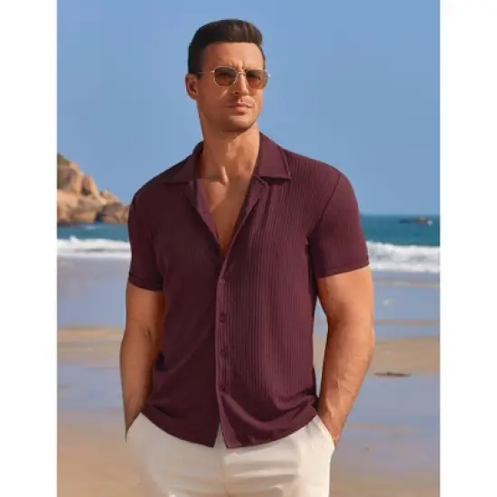 COOFANDY Mens Knit Button Down Short Sleeve Button Up Shirt Summer Casual Beach Tops image {9}