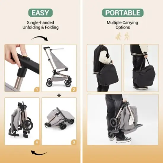 Lightweight Baby Stroller, Compact Travel Stroller with Easy One-Hand Fold, Adjustable Canopy, Storage Basket & All-Terrain Wheels, Light Grey image {2}