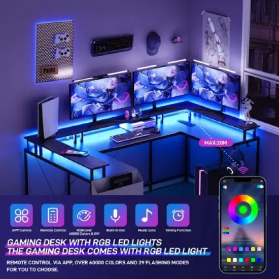 U Shaped Computer Gaming Desk with Monitor Stand and LED Lights image {4}
