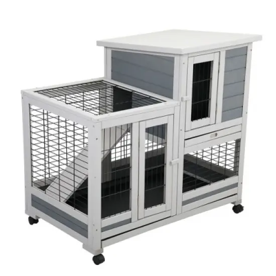 DOMETOUR Wooden Rabbit Hutch, Outdoor Pet Bunny House Wooden Cage with Ventilation Gridding Fence, Openable Door, Cleaning Tray, Gray image {1}