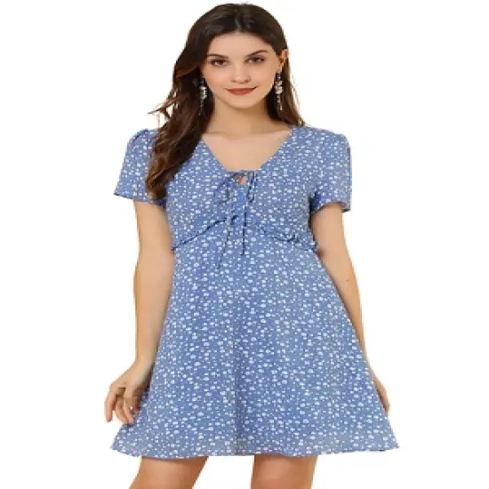 Allegra K Women's Floral Ruffle Trim Tie V Neck Shorts Sleeves Mini Dress image {12}