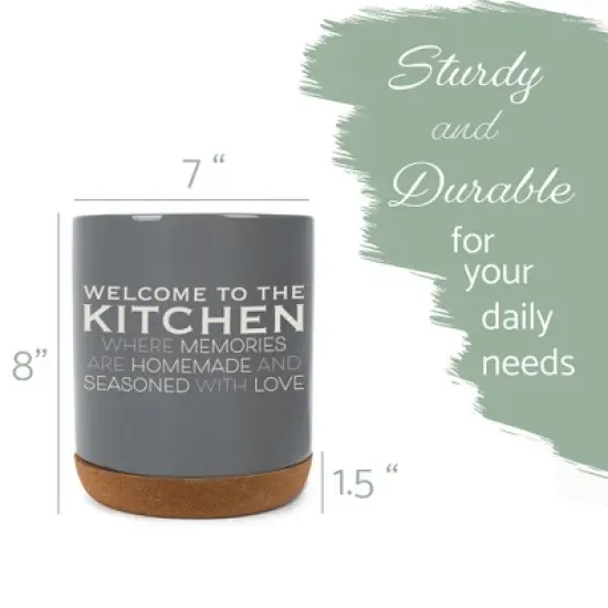 Elanze Designs Welcome to the Kitchen Ceramic Cork Bottom Gray Large Capacity Utensil Holder Crock for Countertop Storage, Stylish & Durable for image {1}