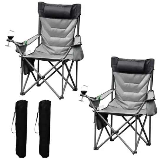 2 Pcs Oversized Folding Camping Chair, Heavy Duty Outdoor Padded Portable Chair with Cup Holder, Cooler Bag, Bottle Opener, 450 LBS Capacity,  Grey image {1}