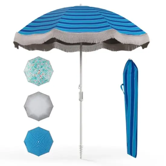 Tangkula 6.5 FT Beach Umbrella w/ Fringe Tassel Umbrella w/ Push Button Tilt Sand Anchor image {12}