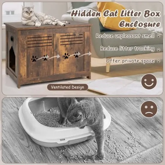 Tangkula Wooden Cat Litter Box Enclosure Flip-Top Hidden Washroom Bench w/ Side Entrance image {8}
