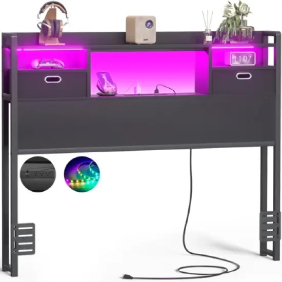 Aheaplus Storage Headboard with Power Outlet and RGB LED Lights, Head Board with Fabric Drawers image {1}