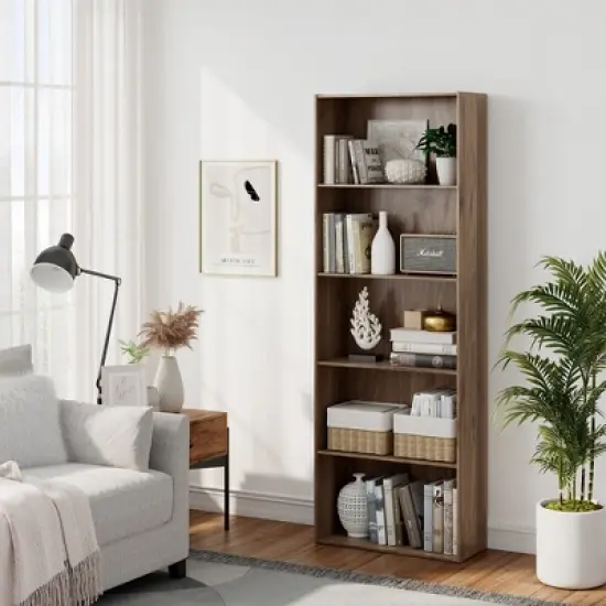 Costway 5-Shelf Storage Bookcase Stand Modern Multi-Functional Display Cabinet Walnut image {1}