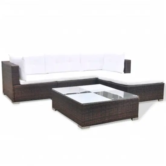 vidaXL 5 Piece Patio Lounge Set - Poly Rattan, Brown - Durable, All-Weather Outdoor Sofa Set with Cushions, Ottoman and Tea Table image {3}