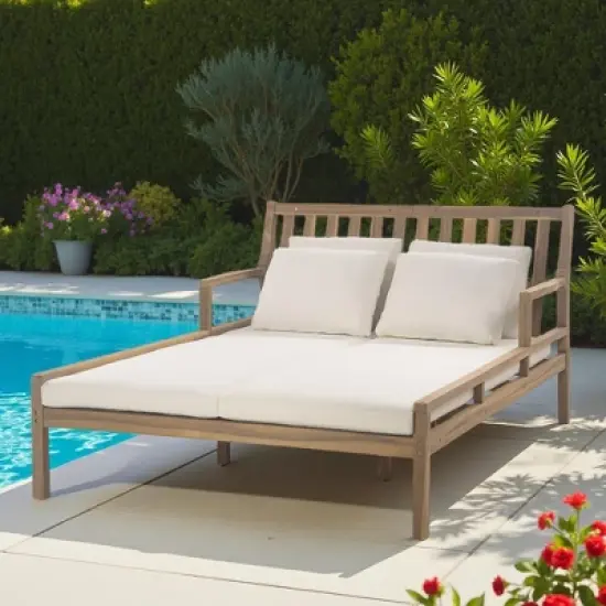 Outdoor Patio Acacia Wood Double Daybed Sunbed with Four Pillows image {16}