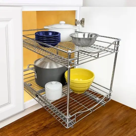 Lynk Professional 14" x 21" Slide Out Double Shelf - Pull Out Two Tier Sliding Under Cabinet Organizer: Chrome-Plated Steel Kitchen Storage image {1}