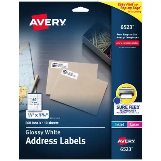 Avery Address Labels, Glossy White, 2/3" x 1-3/4", 600 Total (6523) image {9}