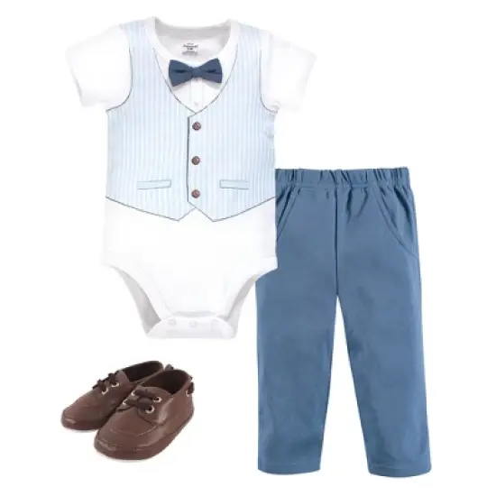 Little Treasure Baby Boy Cotton Bodysuit, Pant and Shoe 3pc Set, Light Blue Vest image {1}