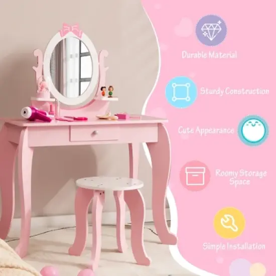 Costway Kid Vanity Table Stool Set with Adjustable Mirror Storage Drawer Makeup Pink image {6}