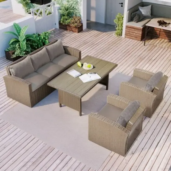 4pc Outdoor Wicker Conversation Set with Cushions - Gray - GODEER image {3}