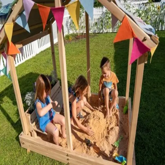 Funphix Dig n&rsquo; Play Wooden Sandbox Playhouse with Bench & Flower Planter, Outdoor Sand Pit for Kids image {7}