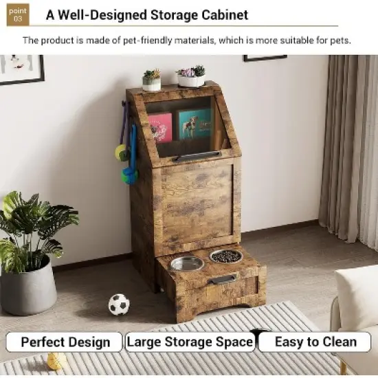 Flip Top Dog Food Storage Container, Wood Pet Storage Cabinet with 2 Pull-Out Elevated Dog Bowls image {6}