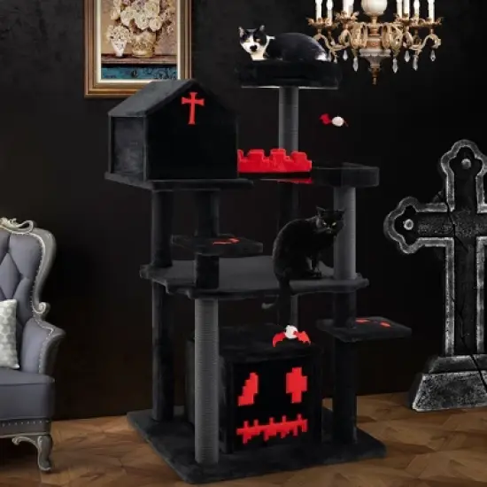 Tangkula Gothic Cat Tree 49" Tall Cat Tower w/ Coffin Bed & 2 Condos & Cozy Perch image {2}