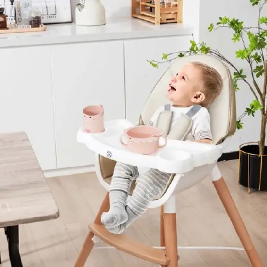 Babyjoy Baby High Chair Wooden Feeding Chair with 4-Gear Tray & Removable Cushion Beige/Grey image {2}