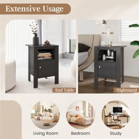 Costway Nightstand Compact Side End Sofa Table with  Open Shelf & Cabinet Dark Grey Oak/Walnut image {5}