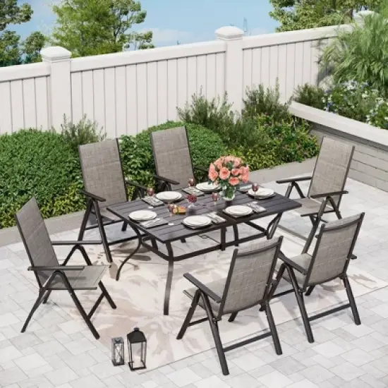 7pc Outdoor Dining Set with 7 Position Adjustable Folding Chairs & Metal Rectangle Table with Umbrella Hole - Captiva Designs image {10}