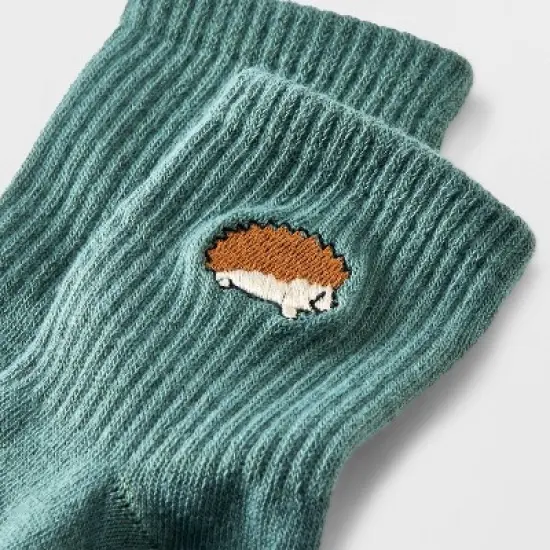 Women's Embroidered Hedgehog Ribbed Ankle Socks - Green 4-10: Lightweight, Recycled Polyester, Banded Cuff, Machine Washable image {2}