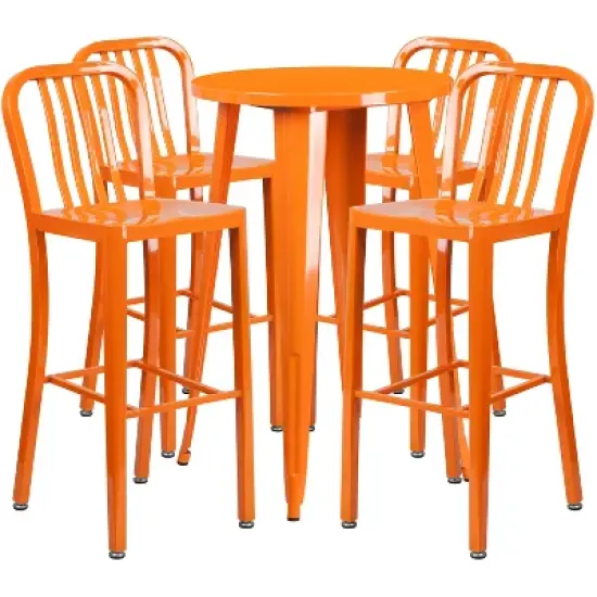Merrick Lane Outdoor Dining Set with 24" Round Table and Slatted Back Bar Stools with Footrests image {6}