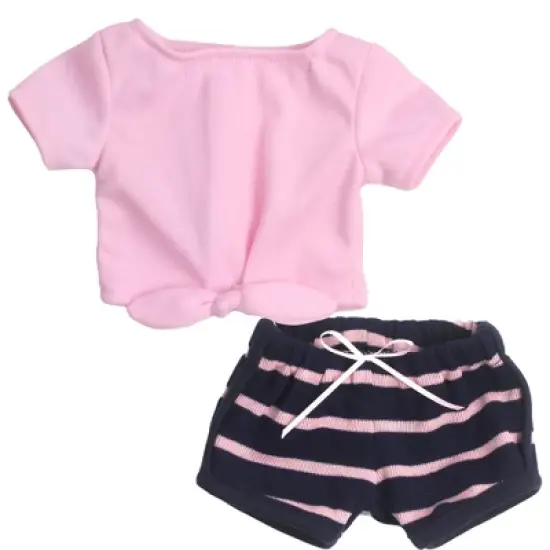 Sophia&rsquo;s 2 Piece Summer Outfit with Tie Front Tee and Striped Shorts for 18" Dolls, Pink/Navy image {1}