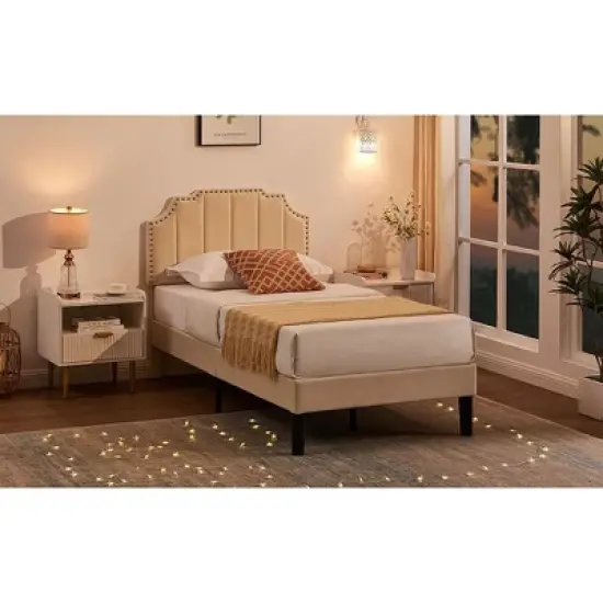 VECELO Upholstered Platform Bed Frame with Tufted Adjustable Headboard, Mattress Foundation, Wood Slat Support, Bed Frame image {13}