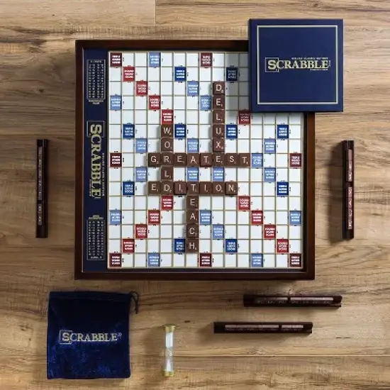 WS Game Company Scrabble Deluxe Edition Board Game with Rotating Wooden Game Board image {1}