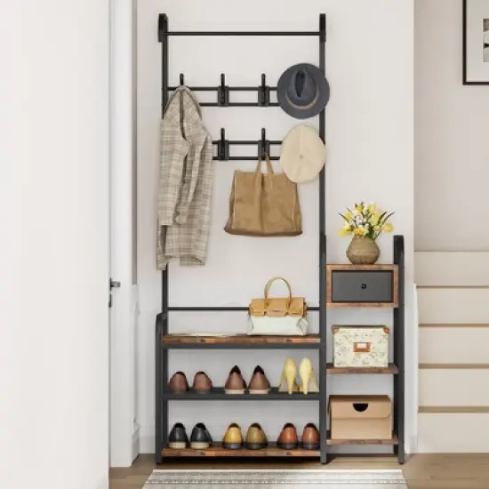 Hall Tree Storage Bench for Entryway, Coat Rack Cloth and Shoe Bench with Drawer for Small Spaces, Bedroom 5-in-1 8 Hooks Coat Rack Storage Shelf image {1}
