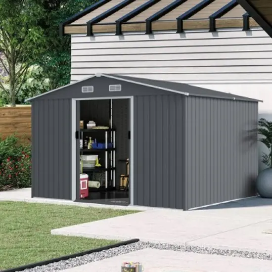 Outdoor Storage Shed 8 x 10 FT Tool Sheds, Heavy Duty Storage House with Sliding Doors with Air Vent for Backyard Patio Lawn to Store Bikes,Grey image {6}