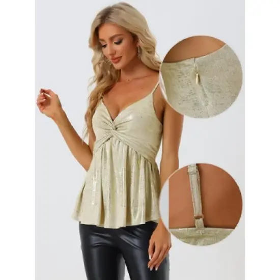 Allegra K Women's Sleeveless Deep V Neck Shimmer Metallic Peplum Party Cami Top image {1}