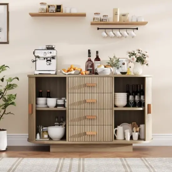 Modern Fluted Sideboard Buffet Cabinet with Storage, Wood Modern 47" Kitchen Storage Cabinet Buffet Table Coffee Bar with Doors image {5}