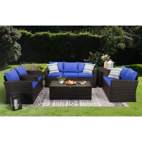 6pc Wicker Outdoor Conversation Set Royal Blue/Dark Brown - EDYO LIVING image {1}