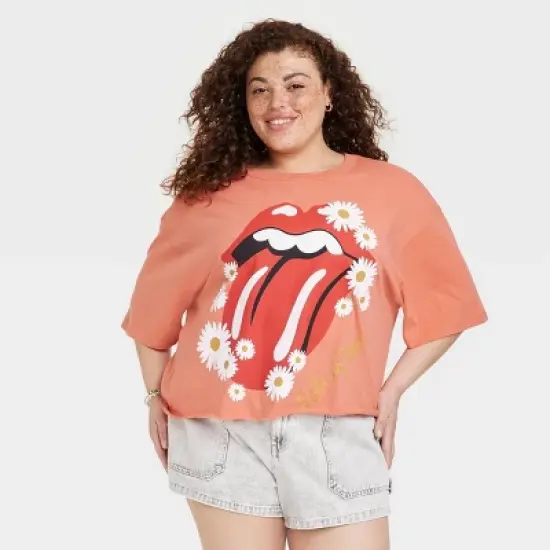 Women's The Rolling Stones Daisy Floral Short Sleeve Graphic Crop T-Shirt - Orange image {4}