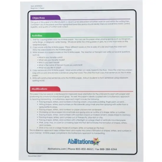 Abilitations Hi-Write Beginner Paper, Level 1, Pack of 100 Sheets image {2}