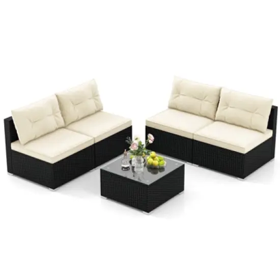 Tangkula 5 Pieces Outdoor Patio Furniture Set Sectional PE Rattan Sofa Set with Cushions and Tempered Glass Coffee Table image {9}
